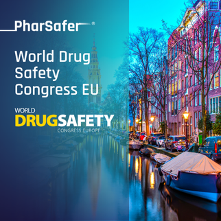 PharSafer logo with "World Drug Safety Congress EU" text over a scenic canal view with boats.